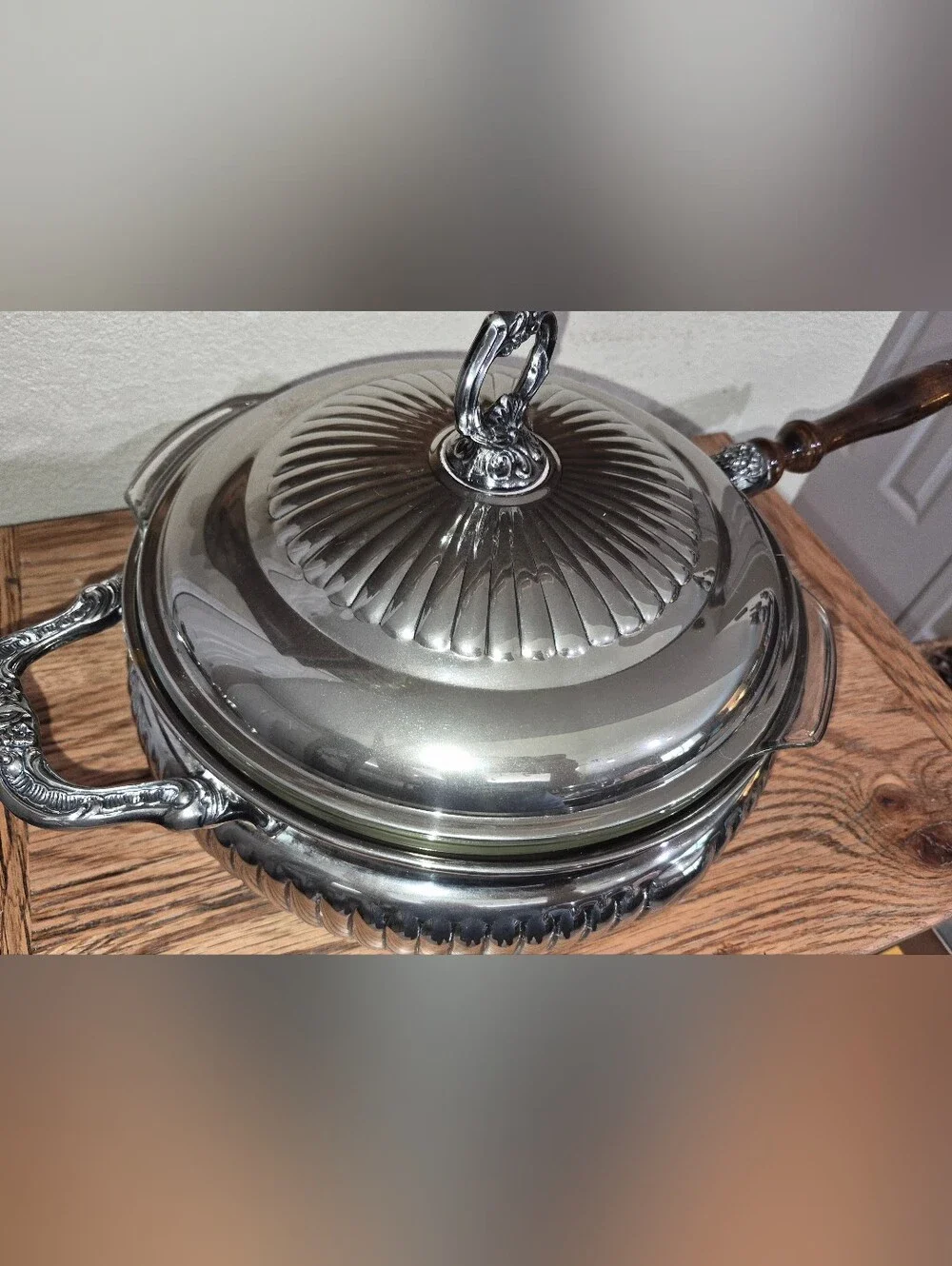Vintage Silver-plated covered casserole or chafing dish w Insert & Wooden Handle